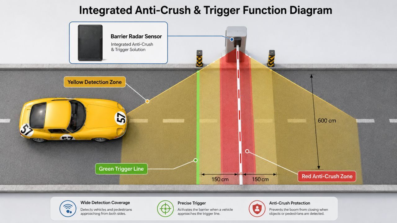 79GHz Millimeter Wave Barrier Gate Radar with Anti Crush Trigger Detection Bluetooth Debugging and RS485 Output