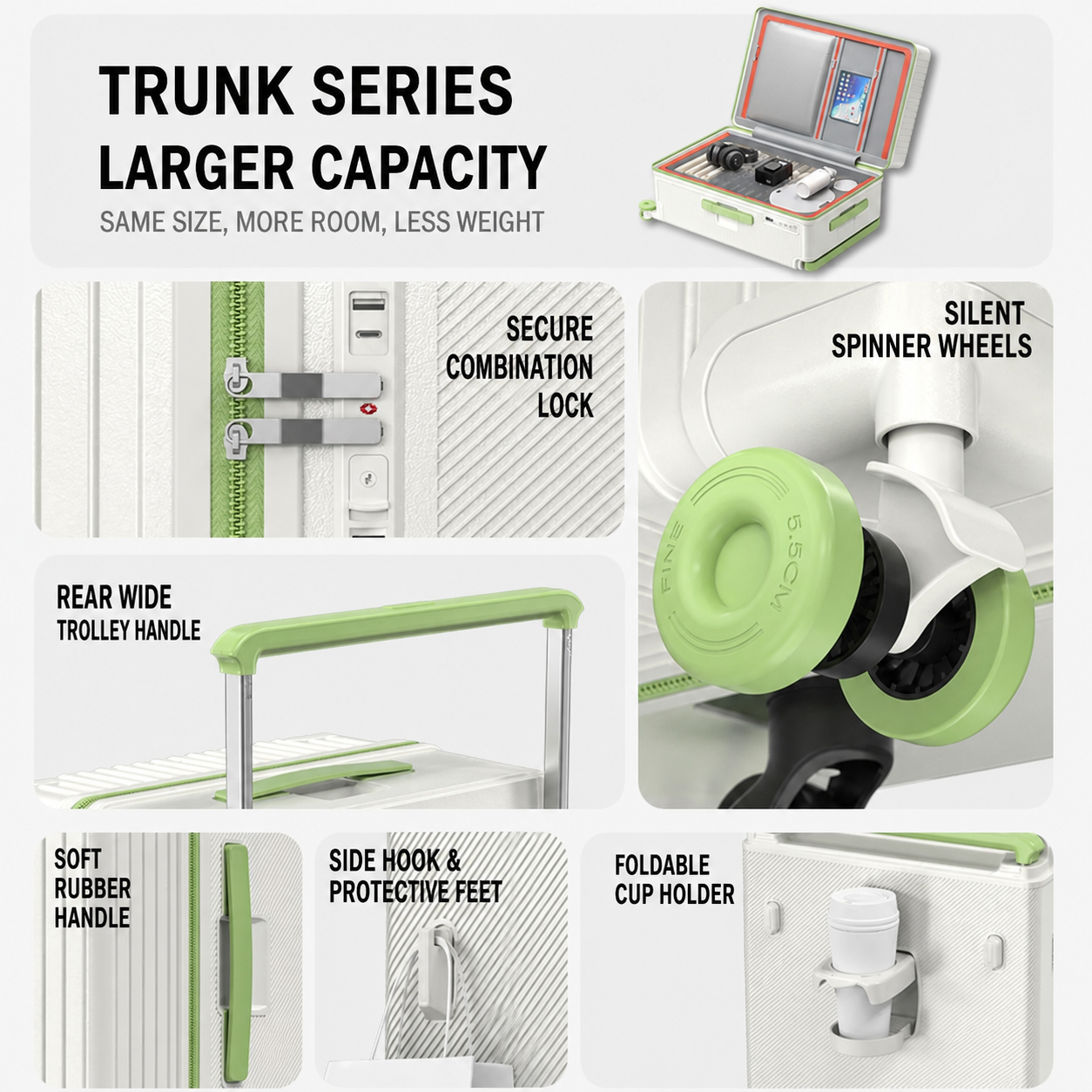 Trunk luggage feature overview with lock wheels handle hooks and cup holder