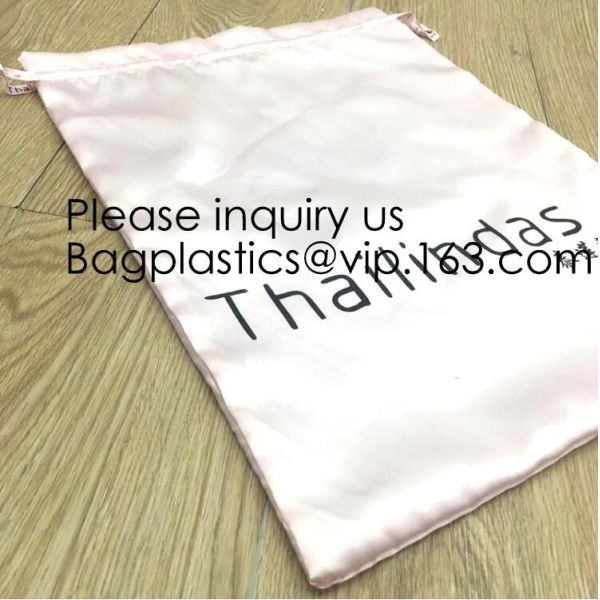 White Satin Drawstring Bag With Silver Logo,Custom Printed White Satin Drawstring Bag For Hair, Pouch For Loungwear pac