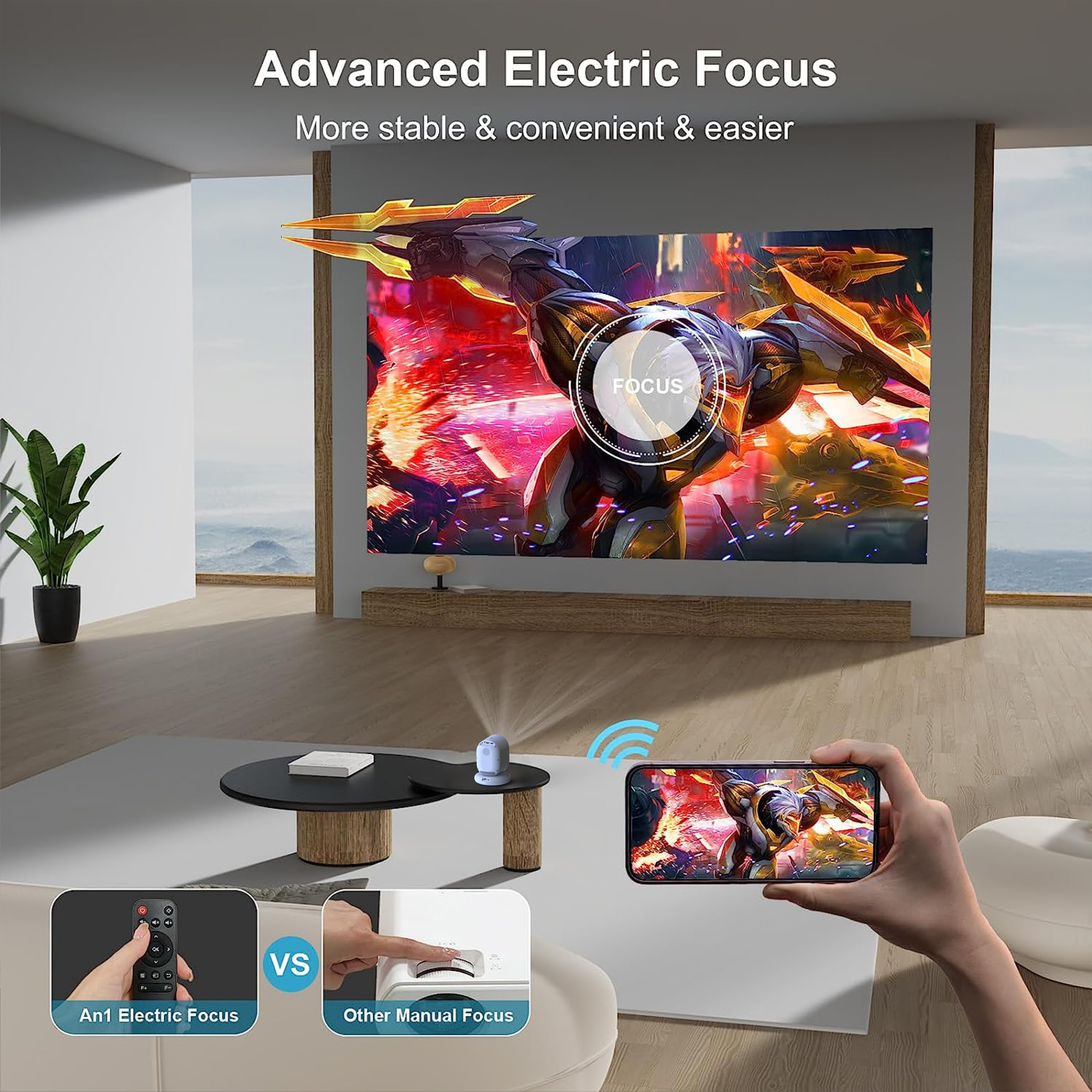 C1 White Cordless Mini Projector 20000mAh Lithium Battery Smart Android Projector