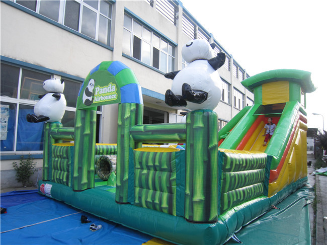 Panda Theme Inflatable Bounce House Slide Combo with Bamboo Graphics and Mesh Play Area for Kids Events