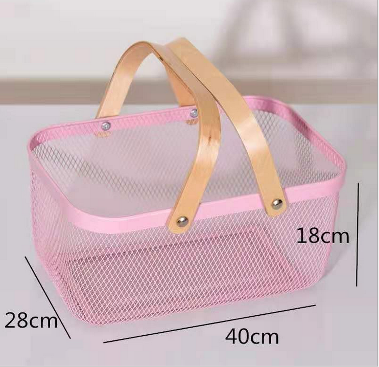 Rectangular Rustproof 750g Metal Wire Fruit Basket With Wood Handle