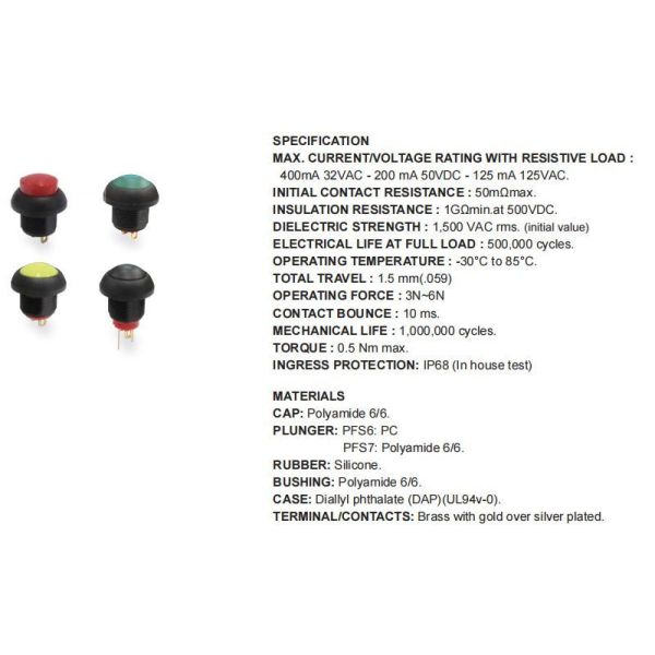 12mm Sub Miniature Waterproof Push Button Switch Electrical Switch 500VDC