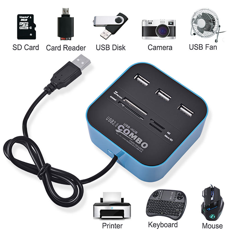 All In One 3 Port Card Reader Square Multi USB Splitter