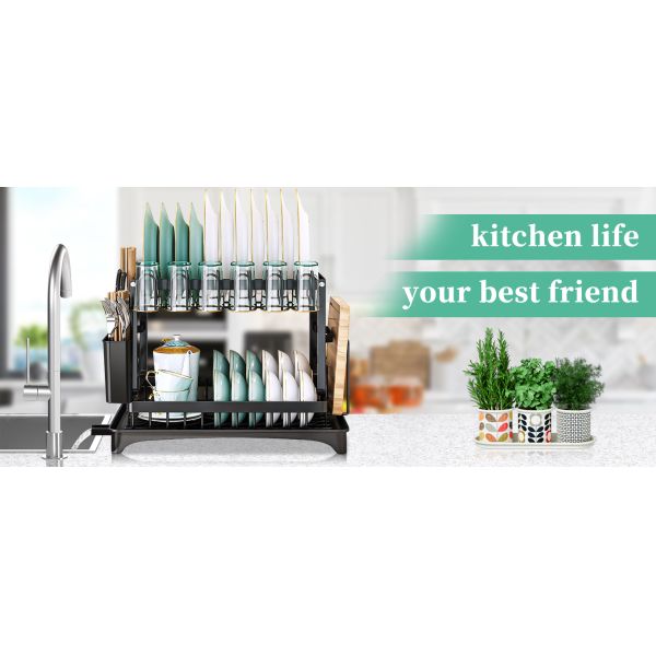 Kitchen Dish Drying Rack with Drainboard 2-layer Foldable Tableware