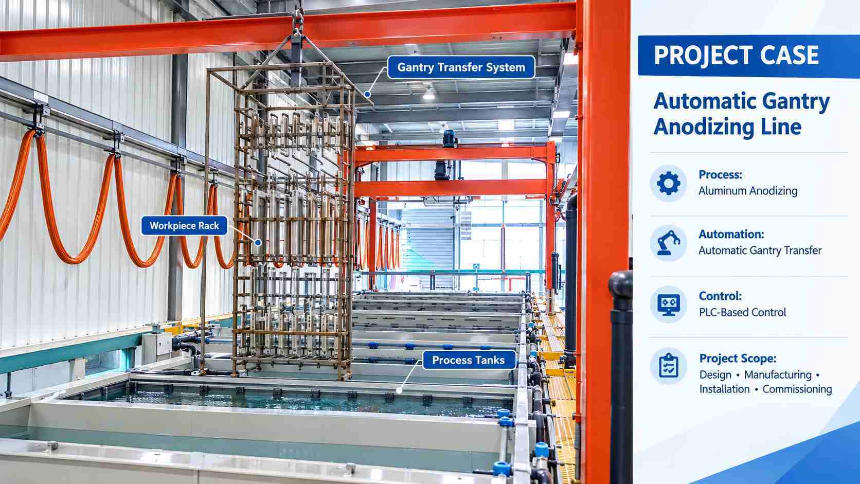 PLC Controlled Gantry Anodizing Machine Rack Plating Line for Aluminum Surface Finishing