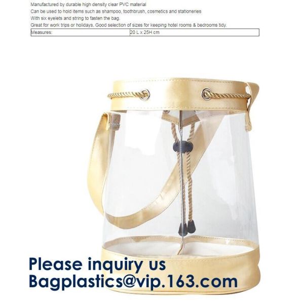 Transparent PVC Drawstring Bag With Colorful Rope,Clear PVC drawstring bag with gold string,Pvc Strips Printing Gift Pac