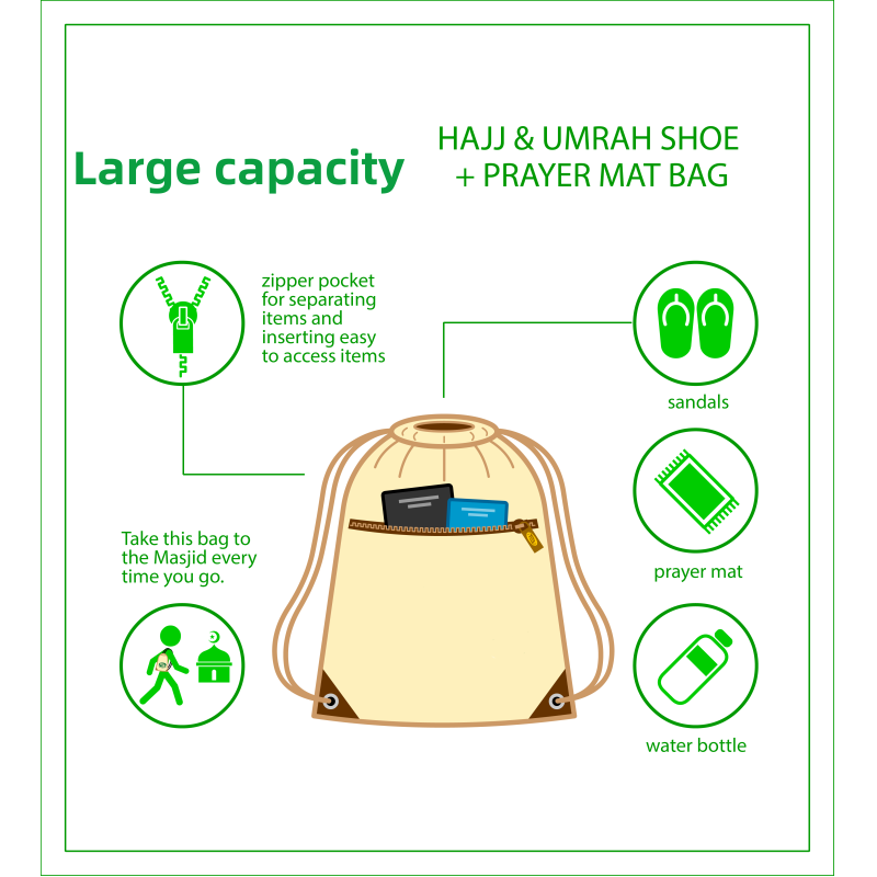 HAJJ Drawstring Bag Durable Reusable Backpack for Comfortable Polyester Slipper Shoes