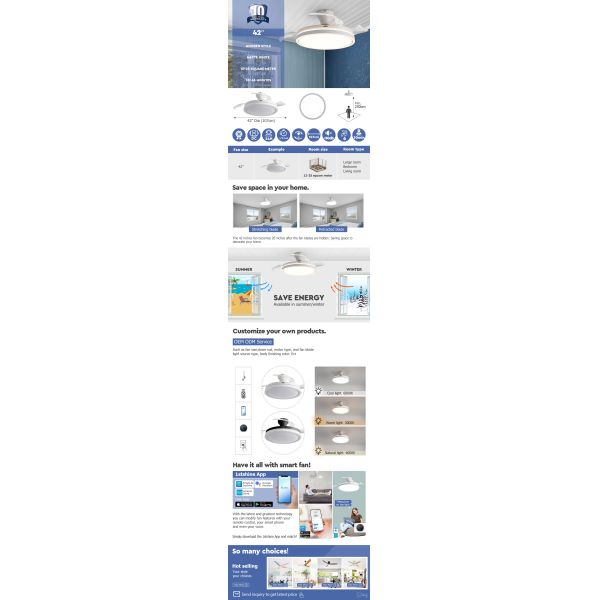 Flush Mounted Retractable Ceiling Fan With Light 3 Color Dimmable LED Light