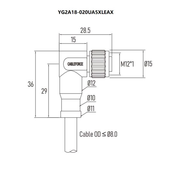 A Coded Unshielded Sensor Actuator Cable M12 Connector Female 8 Pin Right Angled