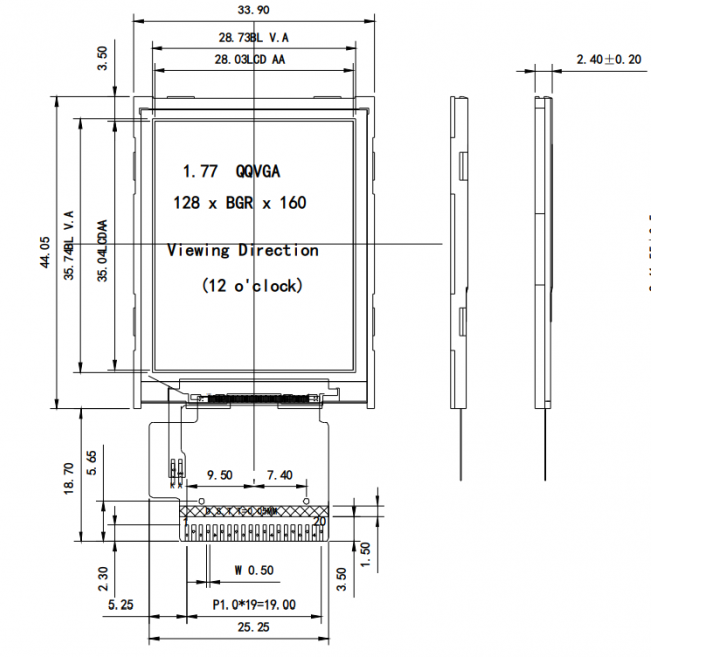 1.77 Inch TFT LCD Display technical drawing and dimensions