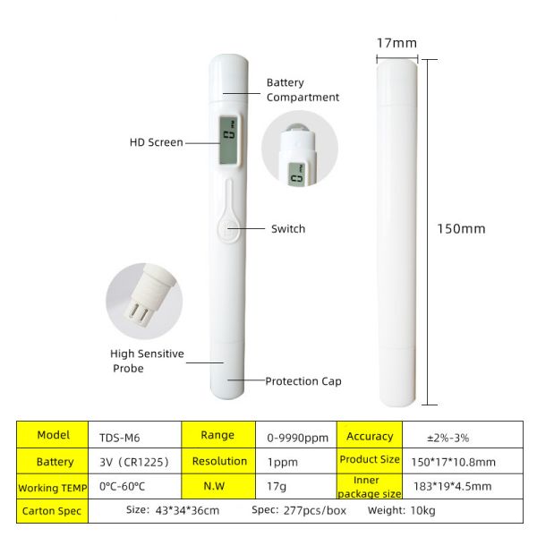 Highly Accurate TDS Meter One-Button Pen Type 0-9990ppm Measuring Range ±2% Accuracy