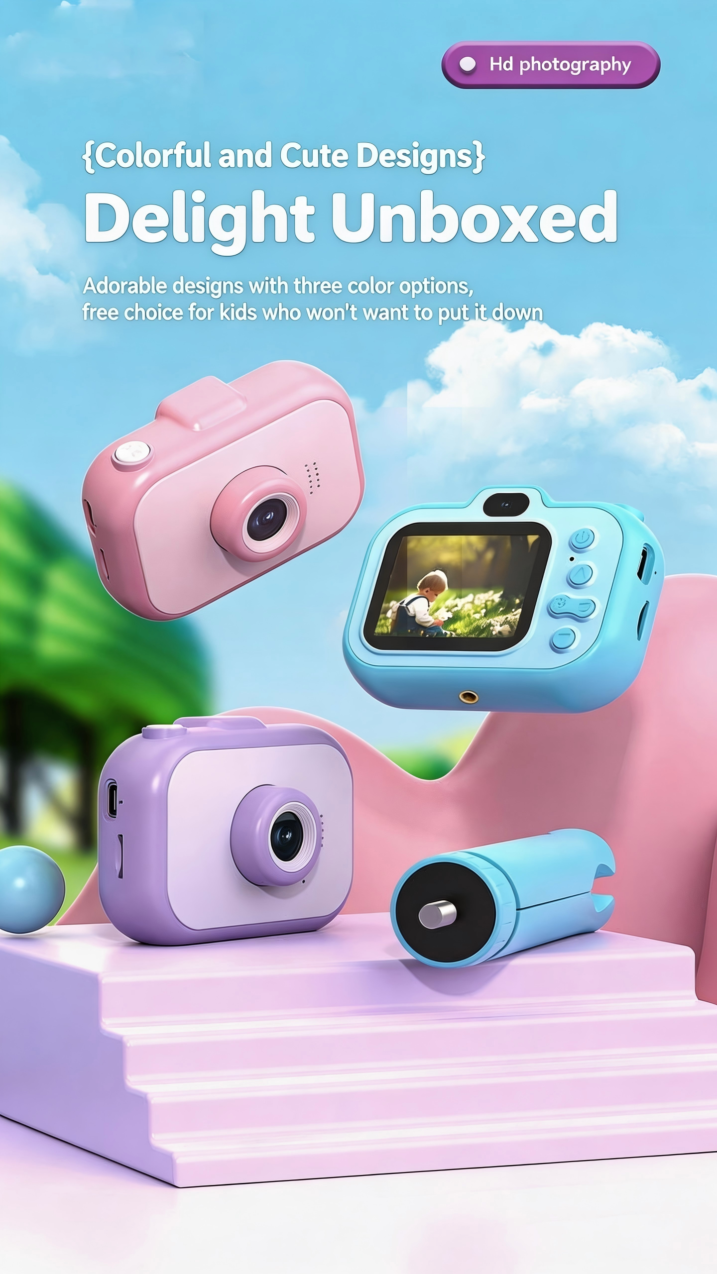 DLC Cartoon Digital Camera Unicorn Dolphin Appearance Easy One Touch Button Timed Selfie Mini Boys Girls MicroSD Filter MP3