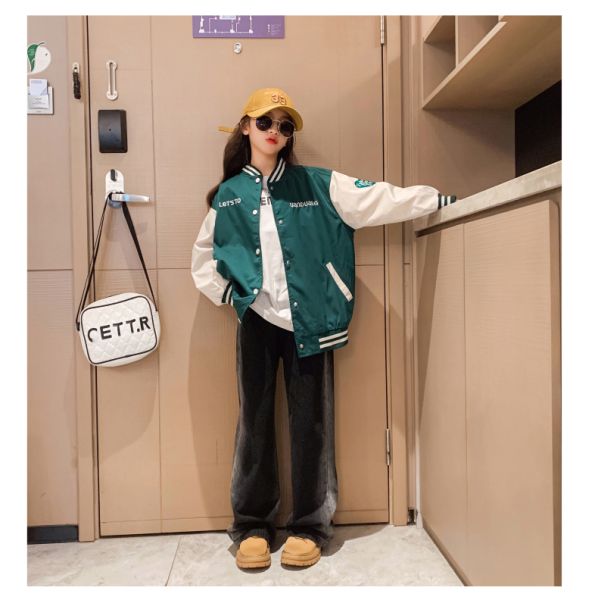 Spring Autumn Girls Printed Patchwork Baseball Jacket Windproof