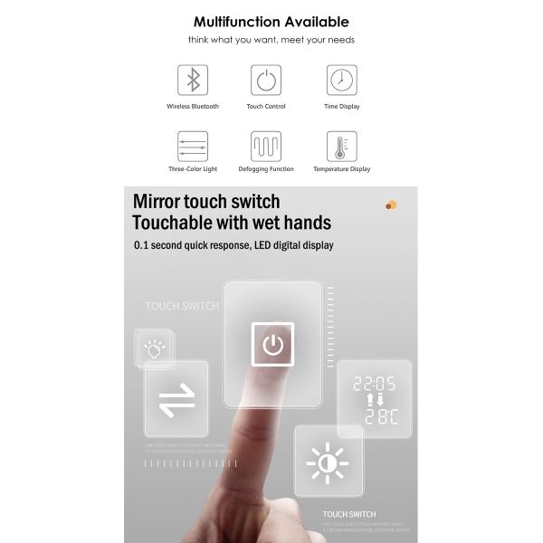 Smart LED Hotel Bathroom Vanity Mirrors Wall Mounted Frameless Defogger Dimmer