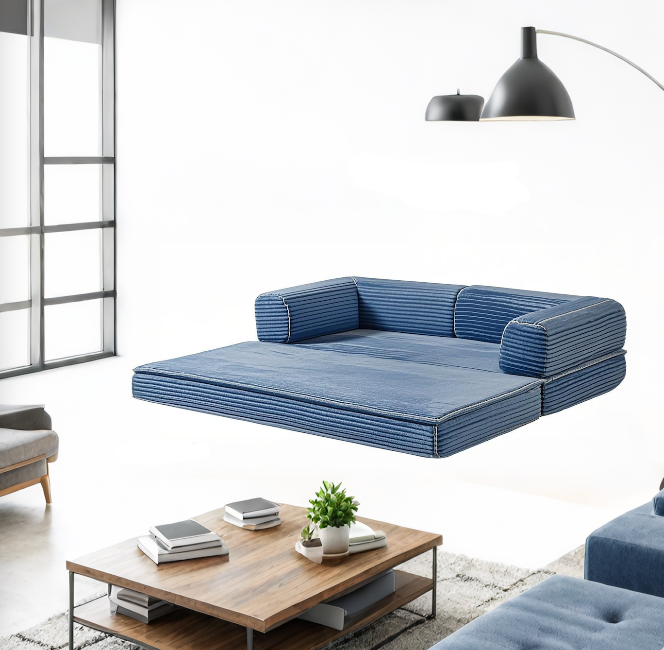 Blue Multi-Functional Fabric Sectional Sofa Set Comfortable Convertible Extendable Sponge Filled Foldout Bed for Living Room