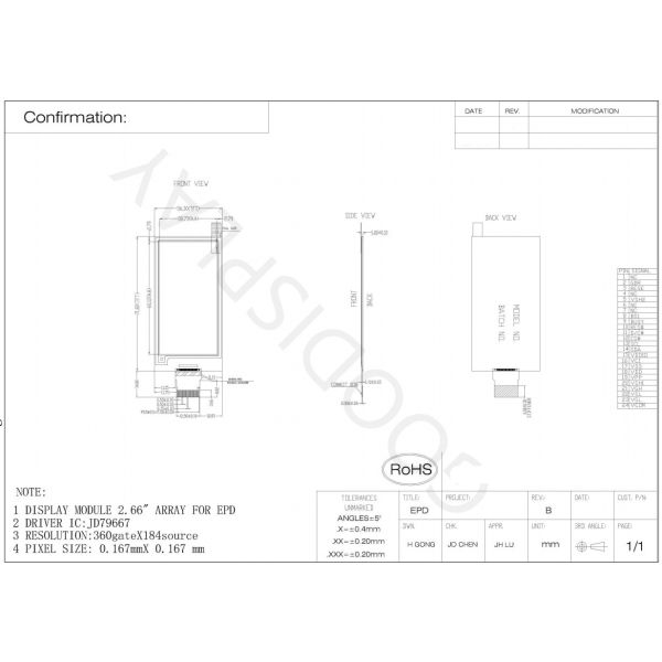 2.66'' 4 Color 360*184 JD76997 Based E-paper Display EPD Standard