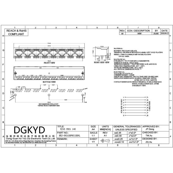 Shielded 8 position abreast rj45 ethernet jack without LED