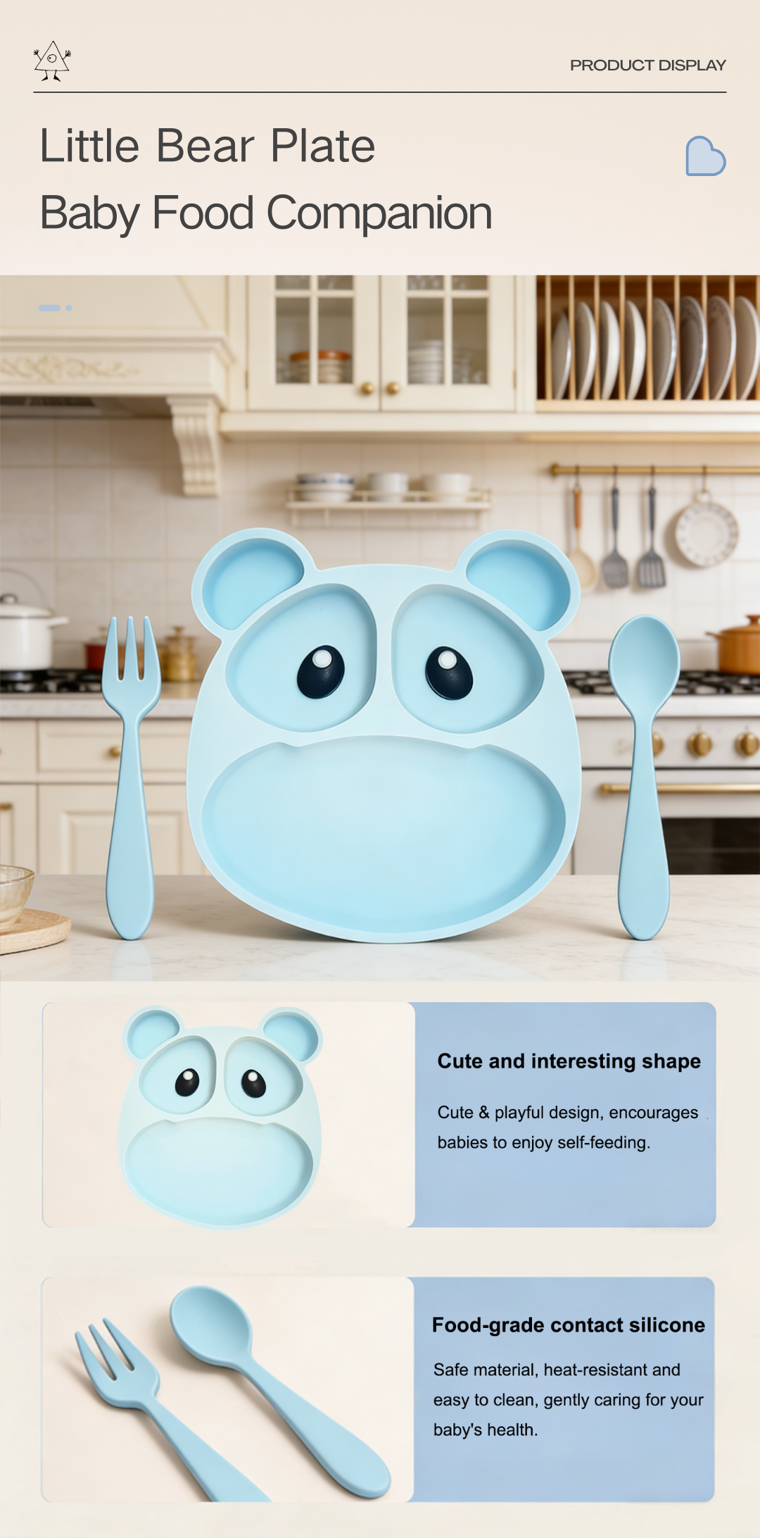 Cartoon Pattern Silicone Kids Dining Plate Set Multi Compartment Fork Spoon Non Toxic Heat Resistant Dishwasher Safe