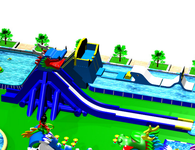 Fireproof Huge Inflatable Water Park With Slide And Pool High Security