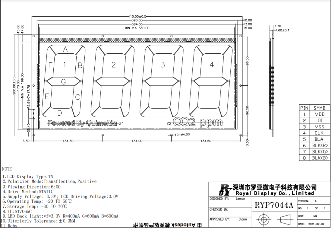 TN Transflection Lcd Segment Display 400mA Positive ST7065C 7 Segment Lcd Monitor