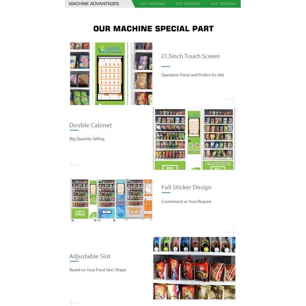 Custom Two Cabinets 21.5 Inch Touch Screen Combo Self Service Cool Beverage Drink Vending Machine Snacks