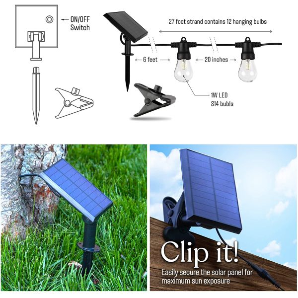 Weatherproof 27ft Commercial Grade LED String Lights Solar Power