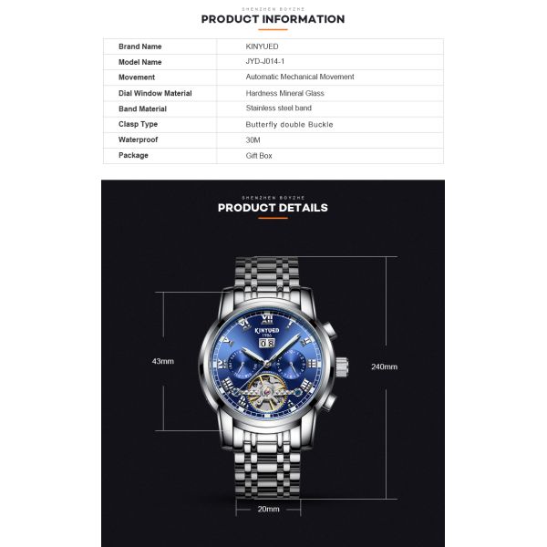 Wind Up Waterproof Mechanical Watch Elegant Appearance Blue Dial