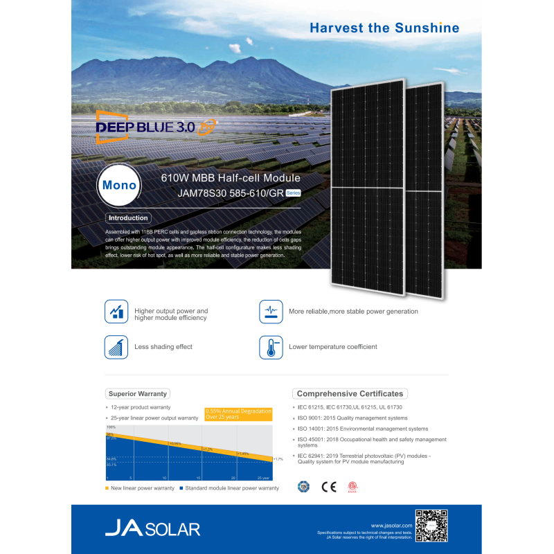 JA Solar Cell Panel Array Half-cell Module with IP68 Junction Box and 156 6*26 Cells