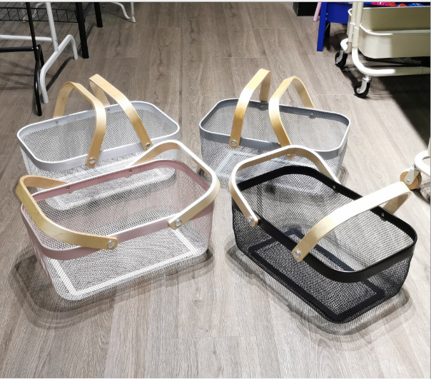 Rectangular Rustproof 750g Metal Wire Fruit Basket With Wood Handle
