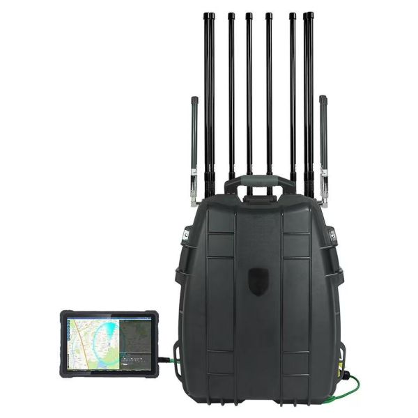 Portable backpack-style drone detection and jamming device with 100-2000 meters detection range and multiple jamming frequency bands