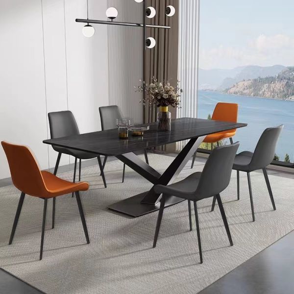 Rectangular Patio Metal Leg Marble Top Dining Table And Chairs Powder Coating