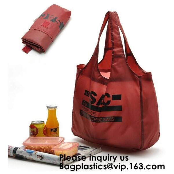 Printing Logo Polyester Handled Foldable Tote Bag With Snap Closure Foldable Bag Pocket Folding Nylon Shopping Bag