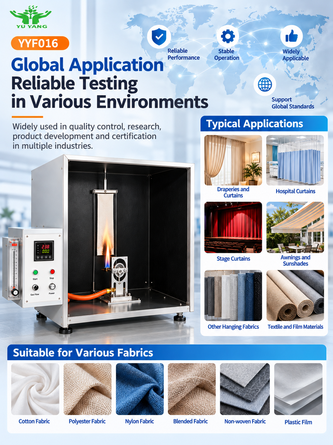 Fully Automatic Timing Vertical Flammability Tester YYF016, NFPA701 Fabric Vertical Burning Test Machine for Single & Multi-layer Fabrics