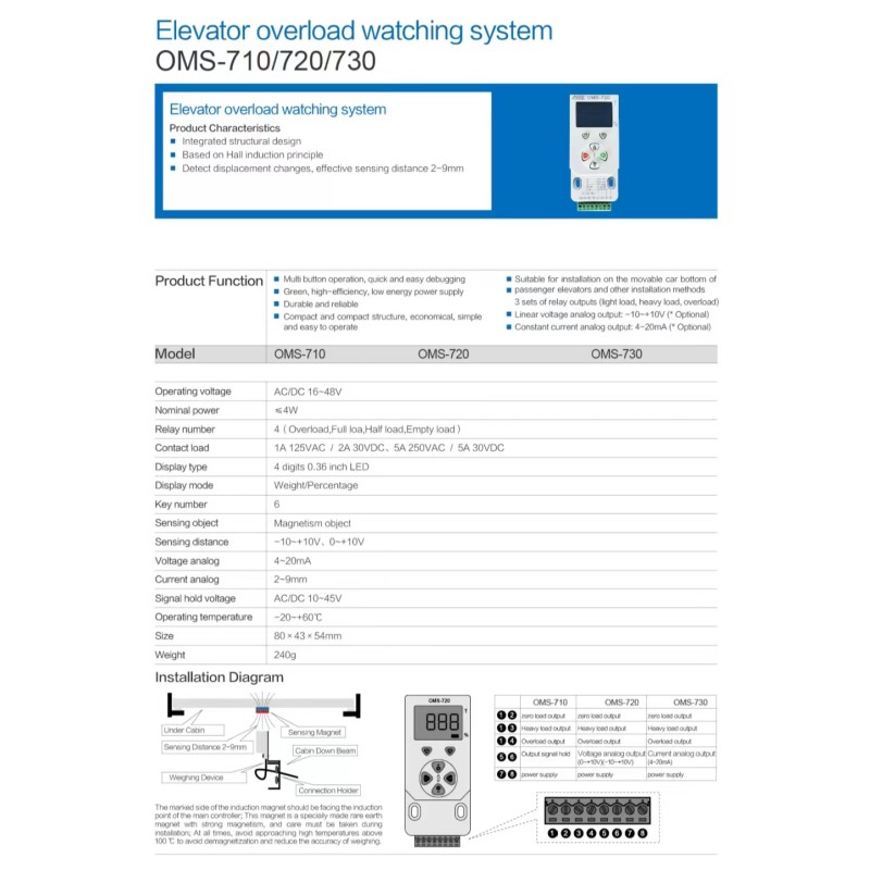 OMS-520/160/710 Elevator Overload Watching System Overload Alarm Elevator Load Measurement Controller Weighing Sensor Equipment