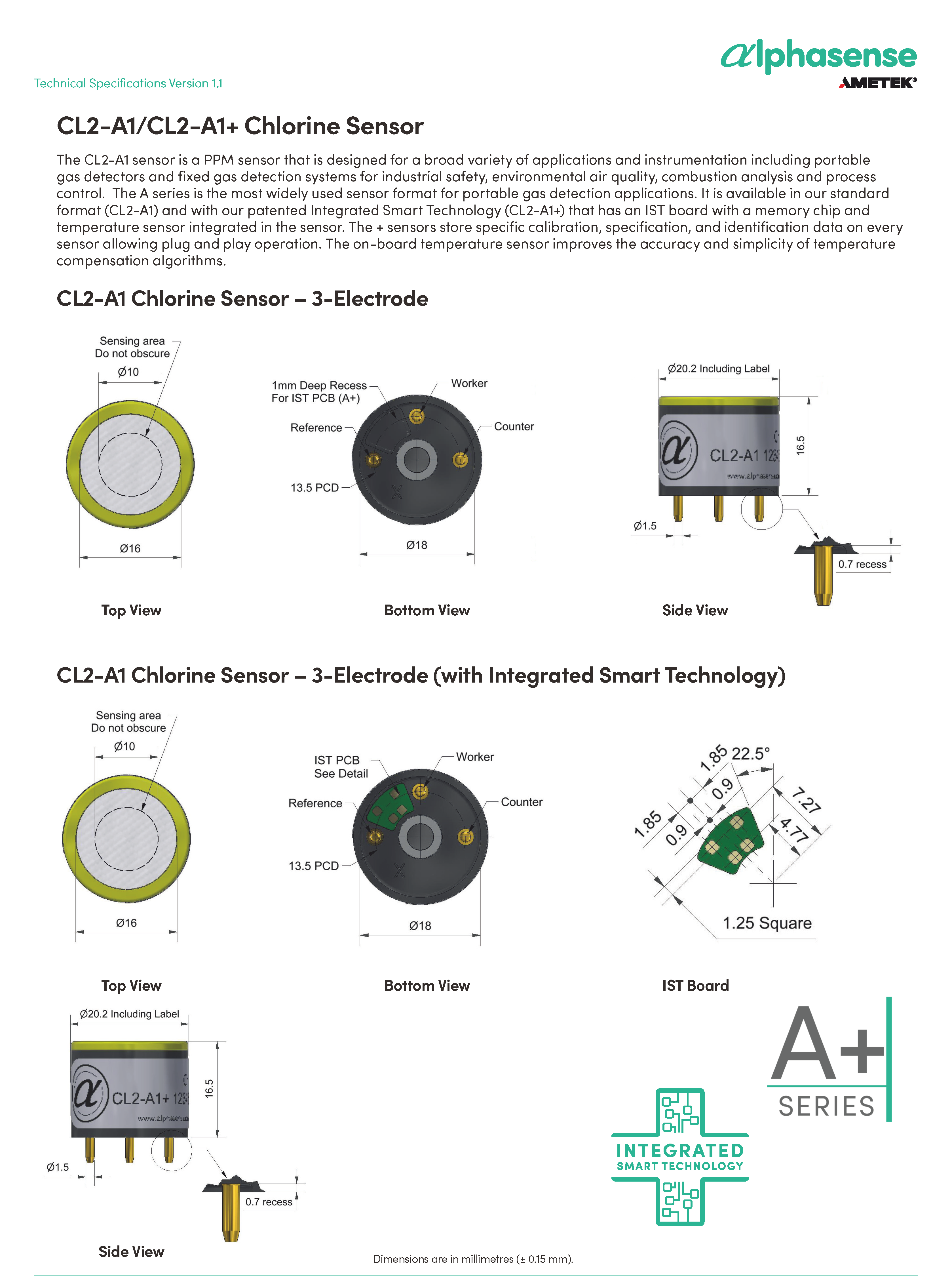 CL2-A1 Chlorine Sensor - 3-Electrode with 20 Range, ± 1.5 Linearity, and 50 Overgas Limit
