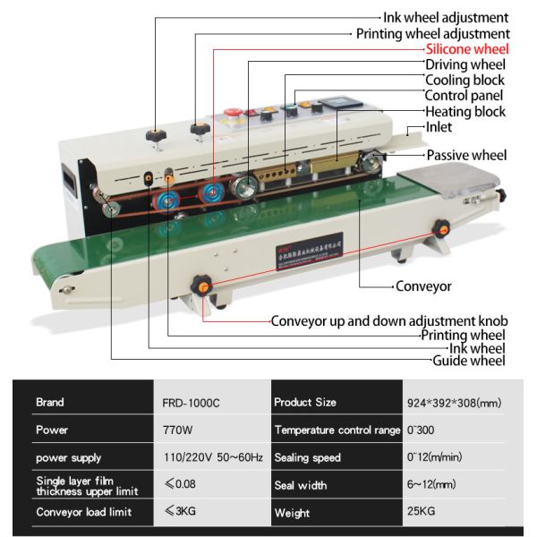220V/110V Aluminum Plastic Bag Heat Sealing Machine with Continuous Solid Ink Date Print