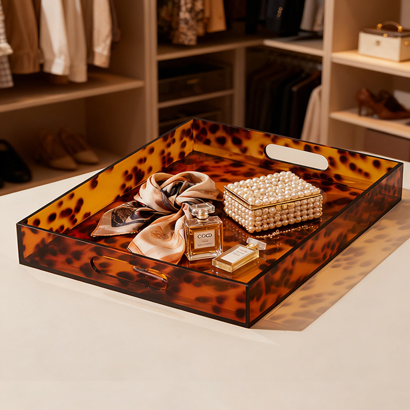 Customizable Acrylic Rectangular Leopard-print Amber Acrylic Snack Tray Makeup Storage Tray for Home