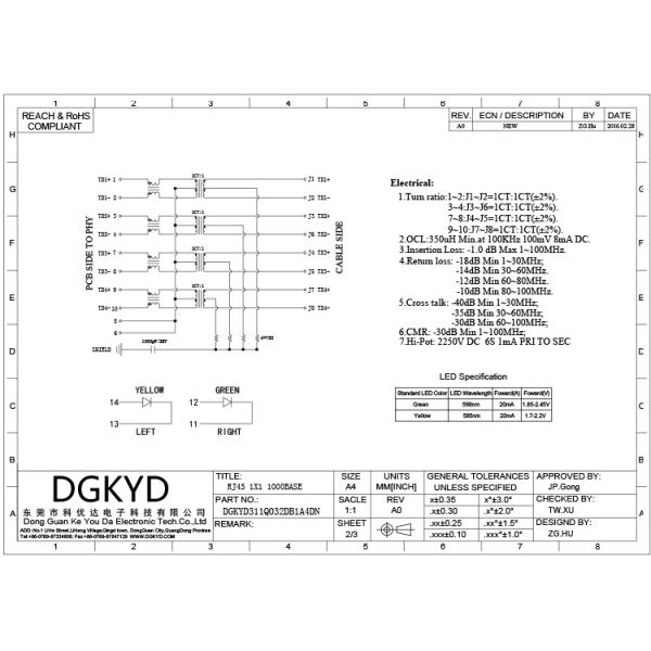 DGKYD311Q032DB1A4DN Tab Up 1000 Base-T 8P10C Ethernet Modules Integrated Magnetic