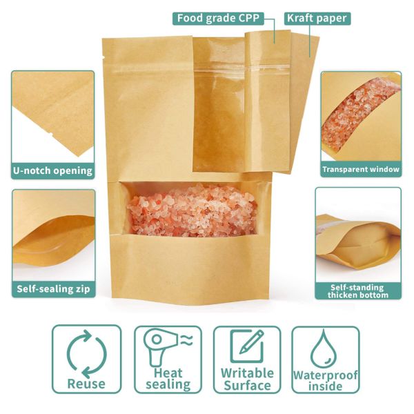 Custom Matt Kraft Standup Bag Clear Window PE Plastic Zip Lock Doypack Retort Food Packaging Gravure Printing Paper Bags