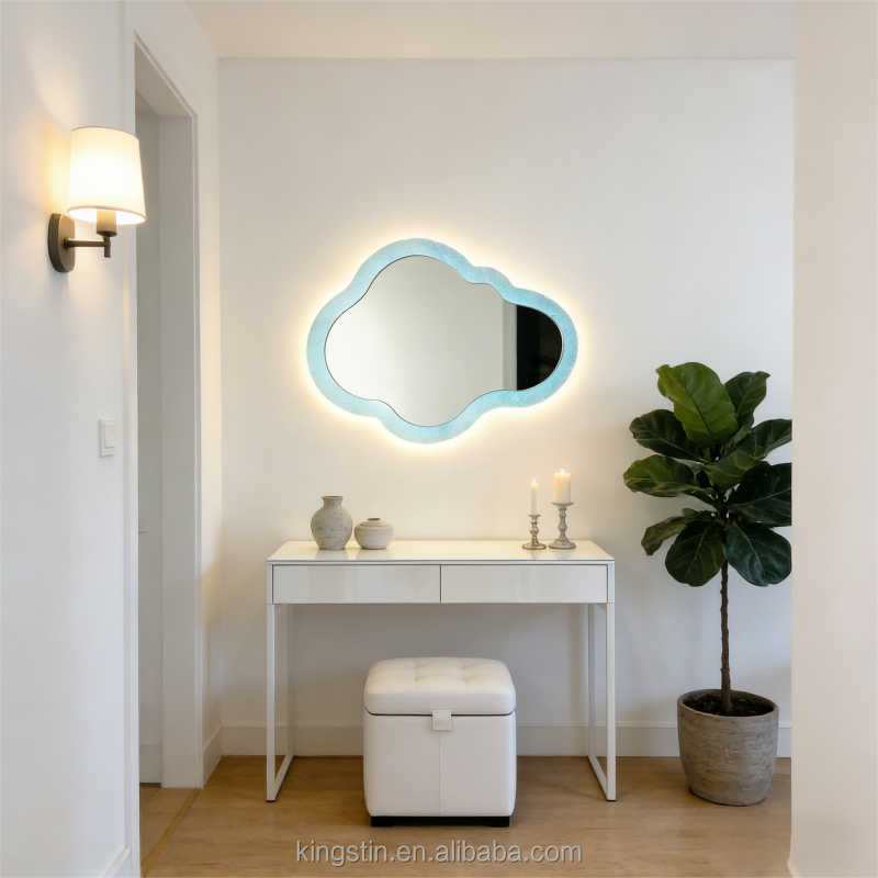 Textured Frame Cloud LED Mirror with Color-Changing Backlight - Dimmable Vanity Mirror for Bathroom/Entryway/Living Room Decor