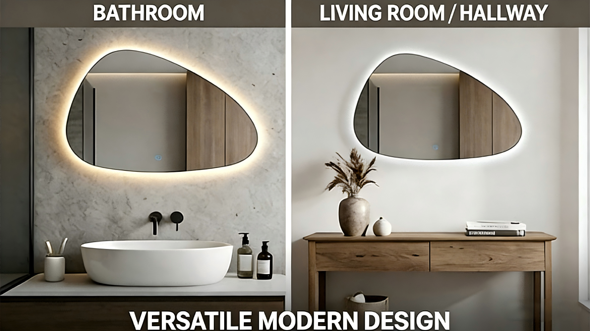 Irregular Shape LED Mirror Artistic Water Drop Vanity Mirror with Dimmable Lights & Anti-Fog Function for Bathroom Living Room