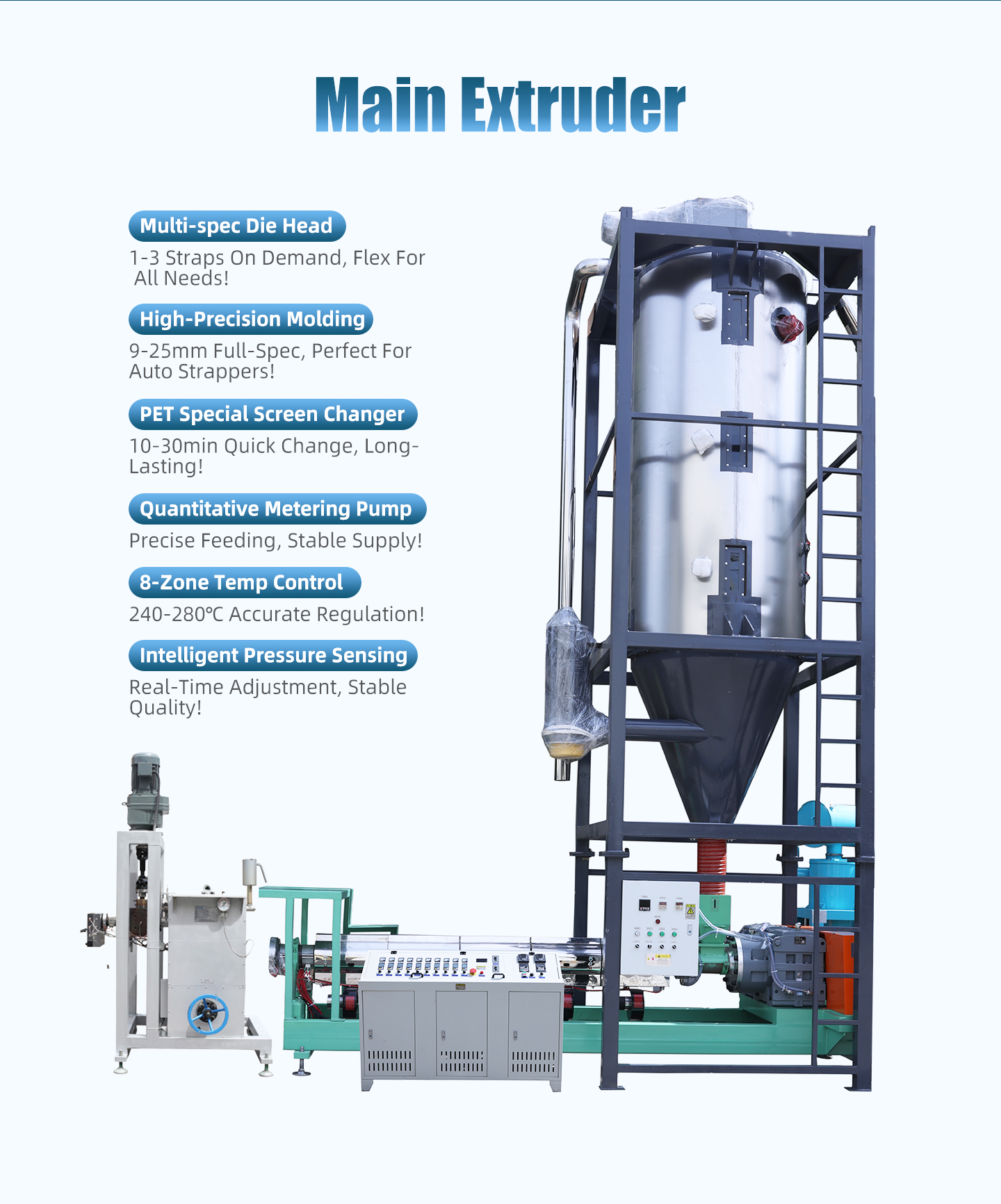 PET Strap Making Machine Featuring Complete Production Line from Pre drying to Winding with Traction Stretching and Embossing Steps