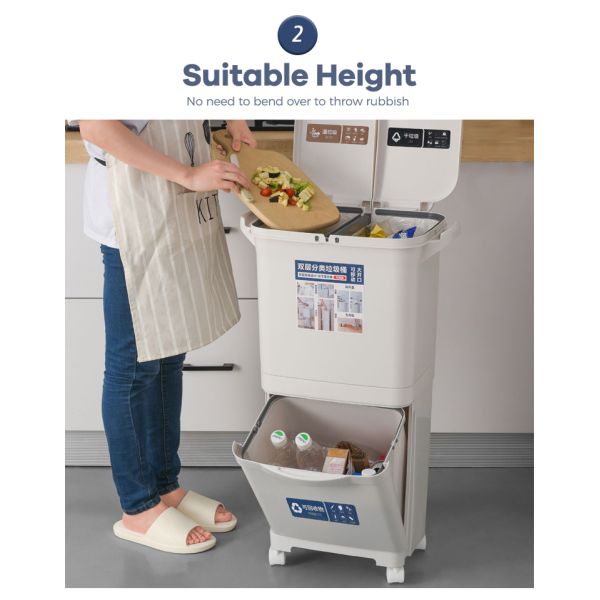 Home STANDING Double Layer Sorting Garbage Can 3 Compartments Trash Can Plastic Waste Bin With Single Lid