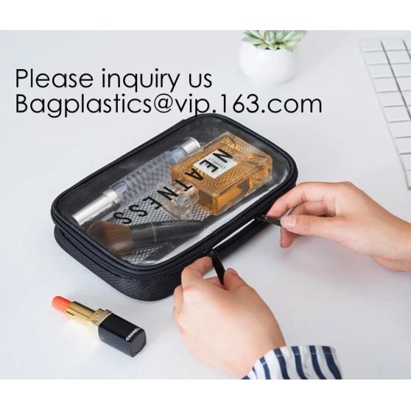 Compact Multi-purpose Handbag-style Transparent Glitter Cosmetic Pouch with Zipper Pocket on the Back, bagease, bagplast