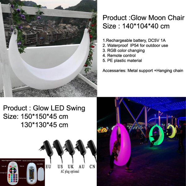 Event decor glowing plastic led moon swing